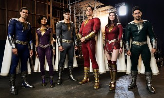 Adam Brody, Meagan Good, Ross Butler, Zachary Levi, Grace Fulton and D.J. Cotrona on the set of Shazam! Fury of the Gods