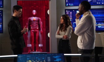 Grant Gustin as Barry Allen, Kayla Compton as Allegra Garcia and Brandon McKnight as Chester P. Runk 
